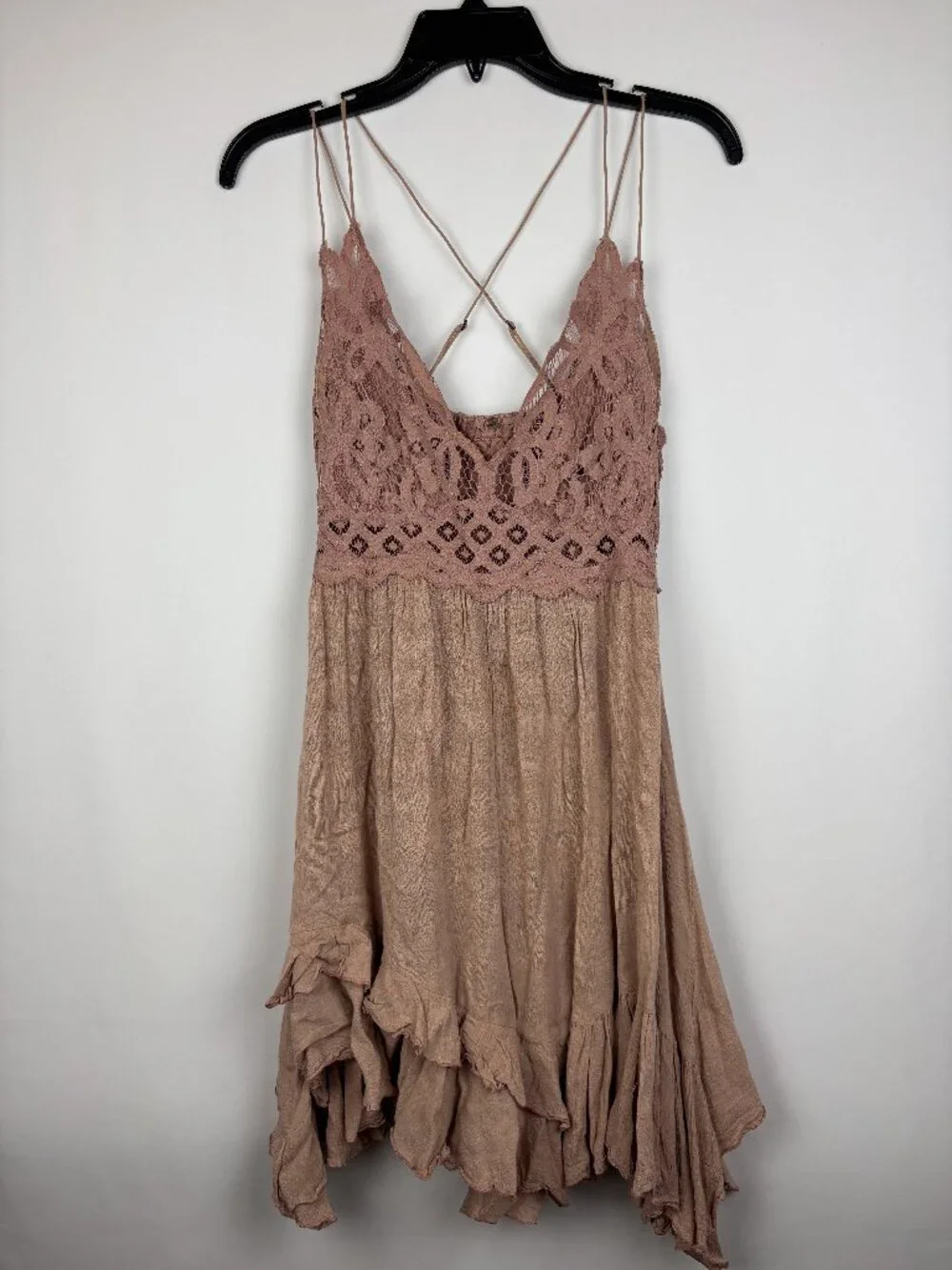 Medium Free People One Flare Mini Dress Spaghetti Strap Lace Embroidered Stretch